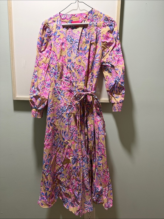 Lilly Pulitzer Dresses & Skirts - Lilly Pulitzer Pink and Yellow Floral Wrap Midi Dress size 6
